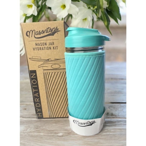 COPY - MASONTOPS Mason Jar Hydration Kit Glass Water Bottle Teal Neoprene Cover… - Picture 1 of 10